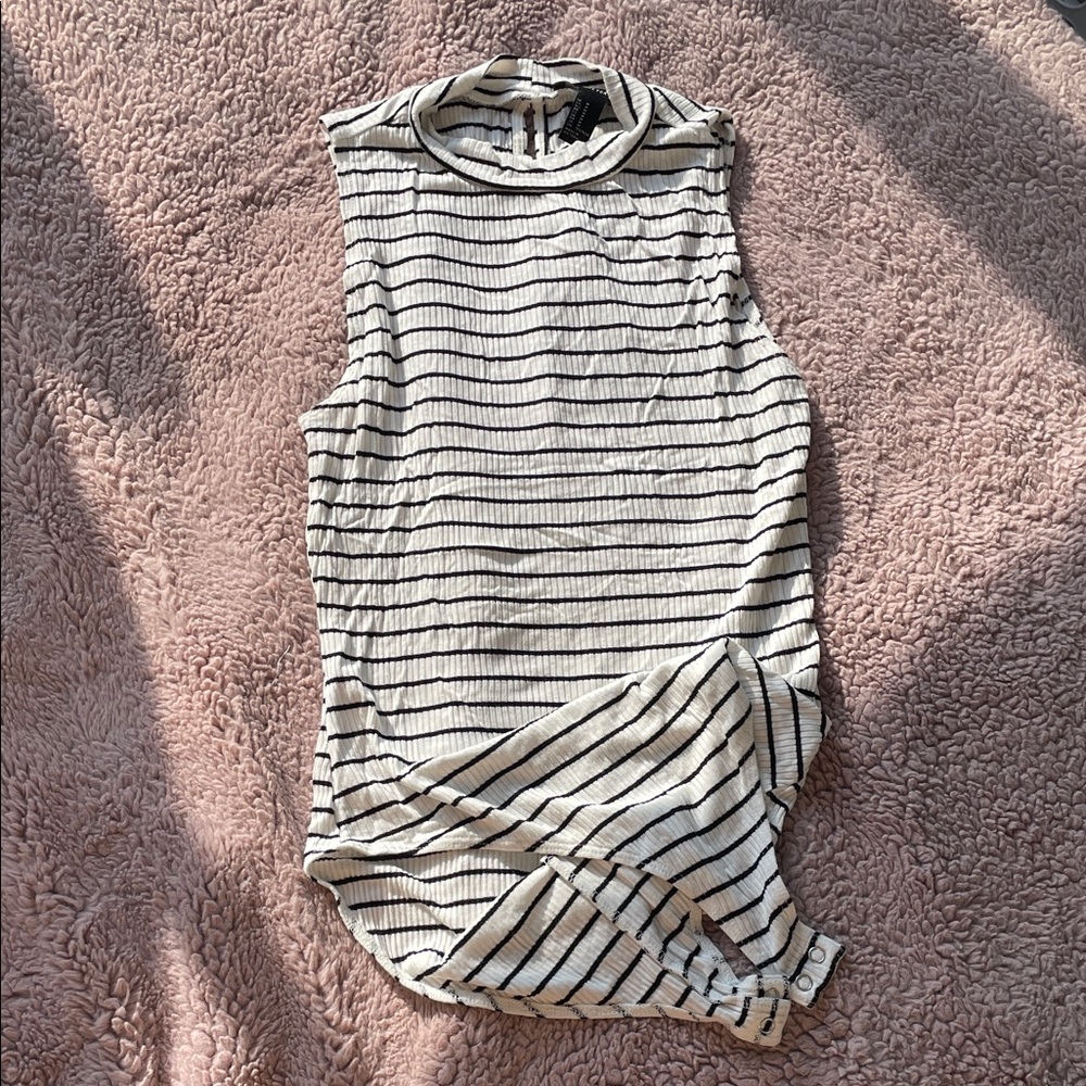 Forever 21 Cream and Black Striped Sleeveless Mock Neck Bodysuit